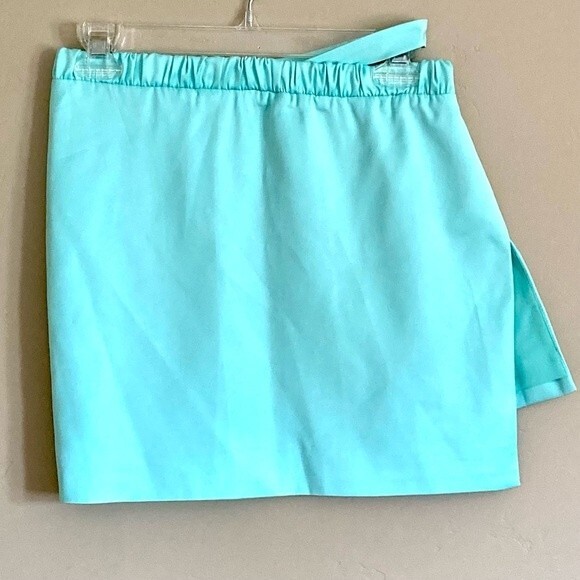 NEW For Love & Lemons Marie Asymmetrical Satin Aqua Side Slit Mini Skirt Size XS - Picture 5 of 15